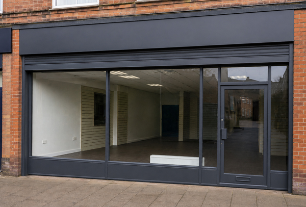 Aluminium commercial entrance after recoating in Sandy