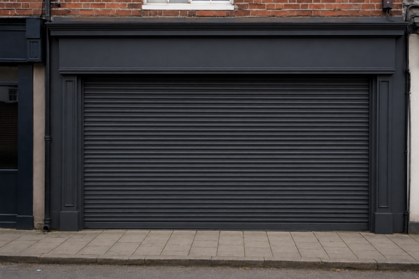 Commercial roller shutter after anthracite spray painting in Milton Keynes