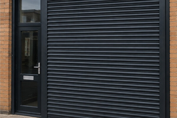 Commercial shutter after being refinished to suit the frontage in Hitchin