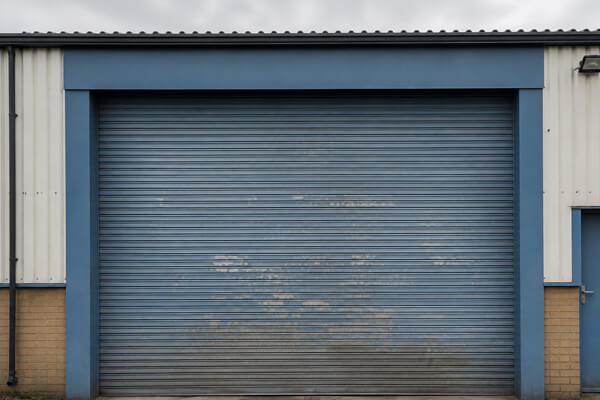 Commercial roller shutter door before professional painting in Flitwick