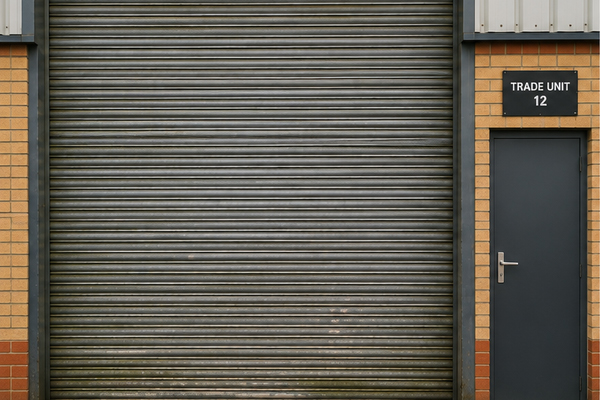 Trade unit roller shutter door before painting in Flitwick