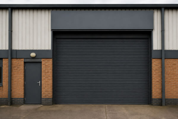Commercial shutter door repainted for new branding in Wolverton