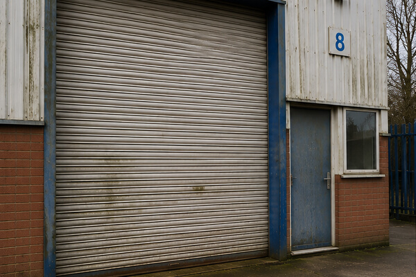 Commercial property before shutter door refurbishment in Wolverton