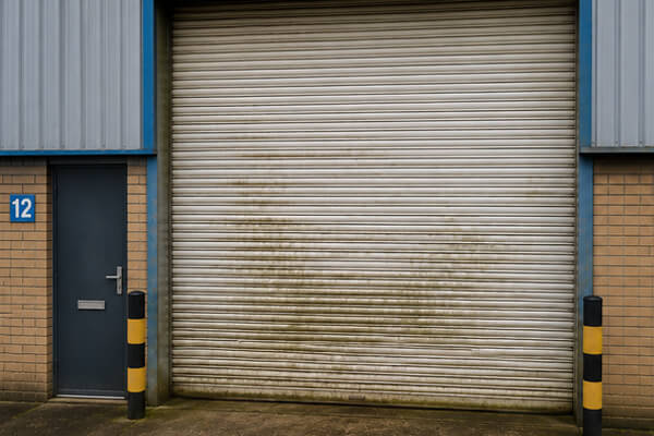 Older industrial unit before shutter door repainting in Wolverton