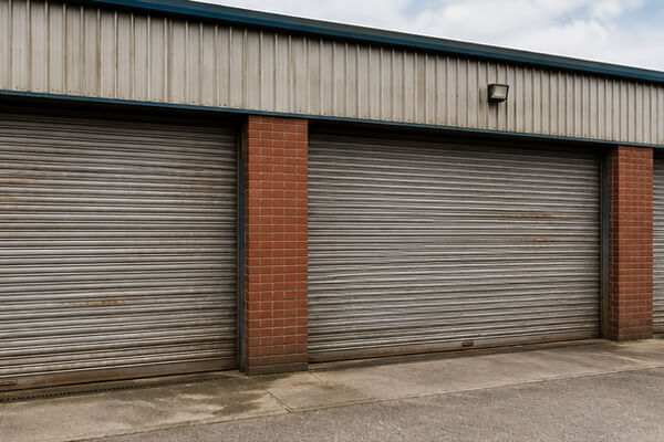 Commercial elevation before roller shutter door repainting in Wolverton