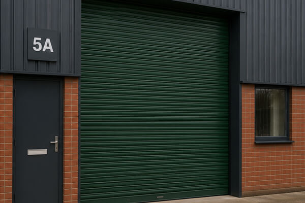 Commercial roller shutter door after professional painting in Wolverton