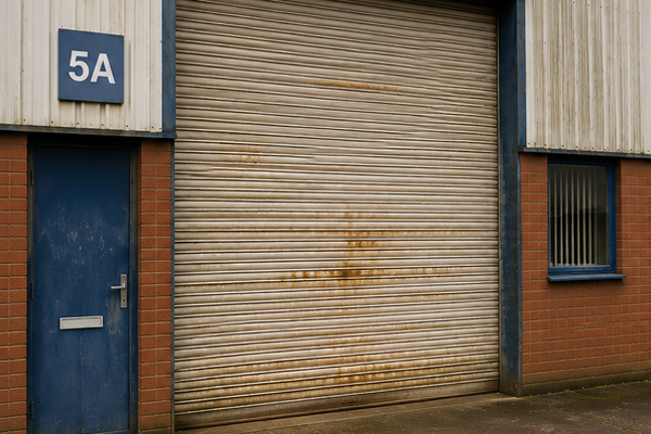 Commercial roller shutter door before transformation in Wolverton